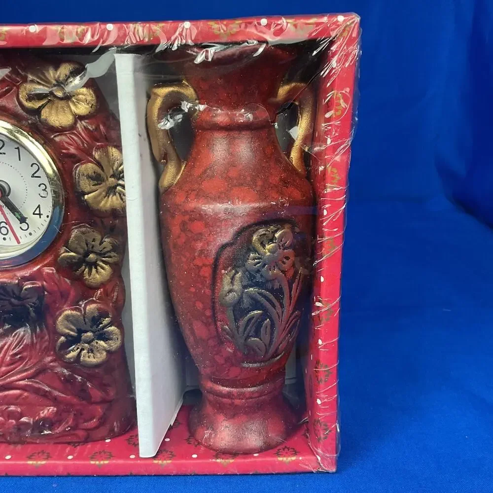 Vintage Red Floral Quartz Mantel Clock Matching Vases 3pc Gift Set New Sealed